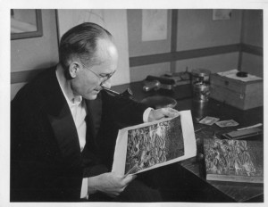 Bergman in home studio, Baltimore Road in Winnipeg. With engraving; "Whirling Waters". 
